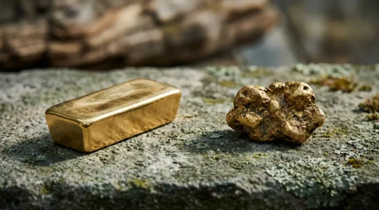 Zwei kontrastierende Goldquellen im natürlichen Licht: recyceltes Gold und ethisch gewonnenes Gold als Symbol für nachhaltige Schmuckproduktion