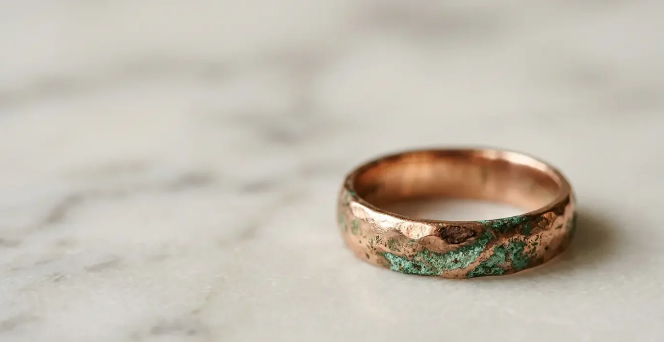 Nahaufnahme eines Roségold-Rings zeigt Oxidation und Kupferreaktionen auf der Haut