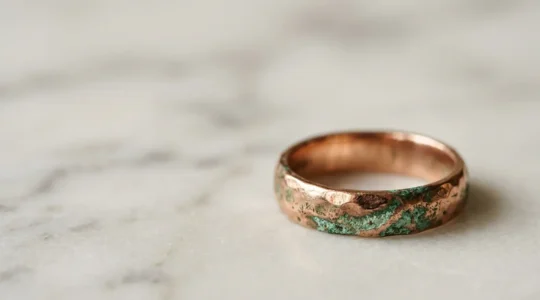 Nahaufnahme eines Roségold-Rings zeigt Oxidation und Kupferreaktionen auf der Haut