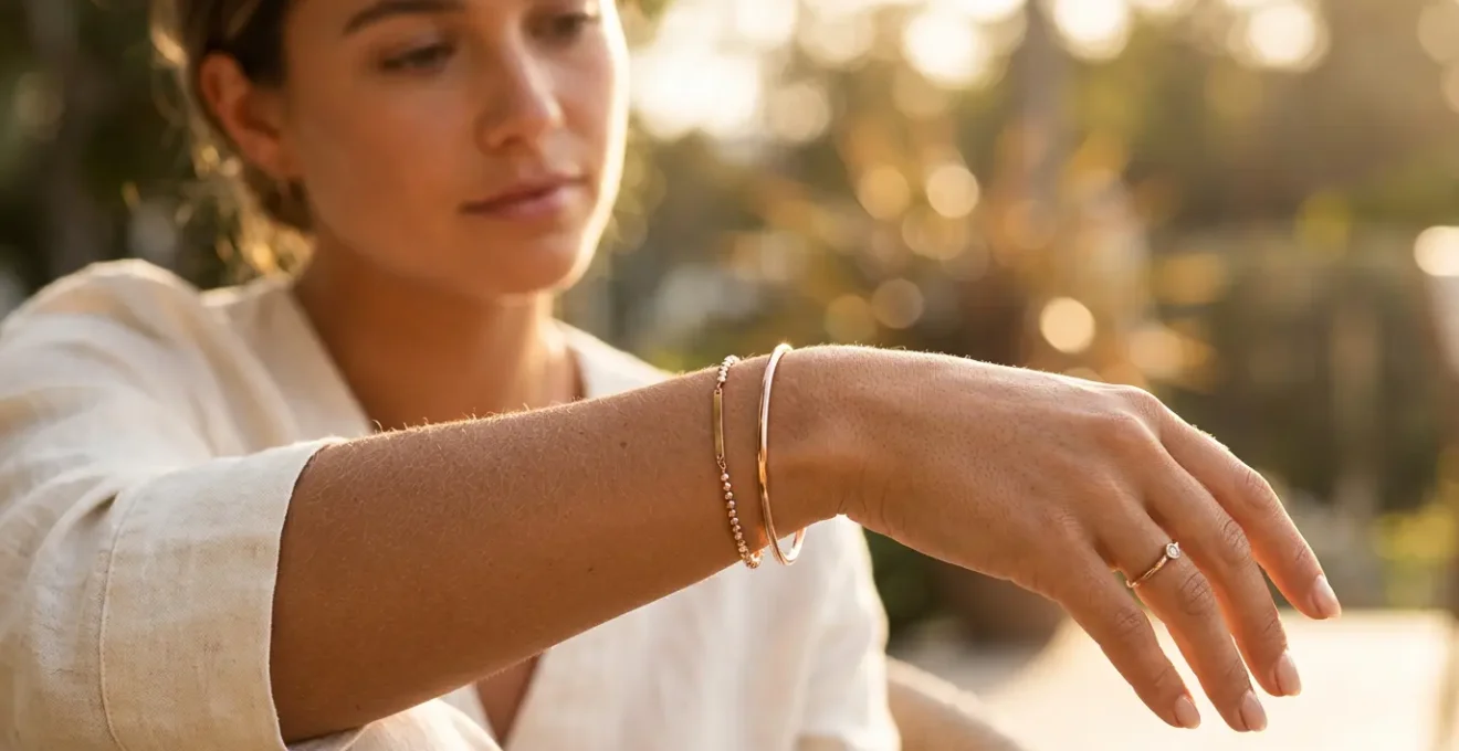 Roségold Armband auf gebräunter Haut im natürlichen Sonnenlicht