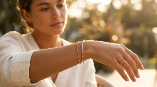 Roségold Armband auf gebräunter Haut im natürlichen Sonnenlicht