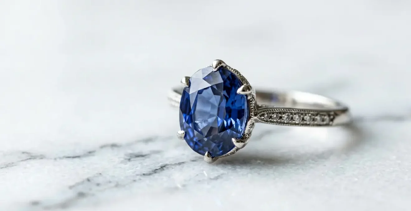 Eleganter Saphir-Verlobungsring mit tiefblauem Edelstein in Nahaufnahme, der die Härte und Brillanz des Steins zeigt