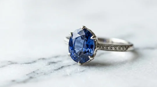 Eleganter Saphir-Verlobungsring mit tiefblauem Edelstein in Nahaufnahme, der die Härte und Brillanz des Steins zeigt