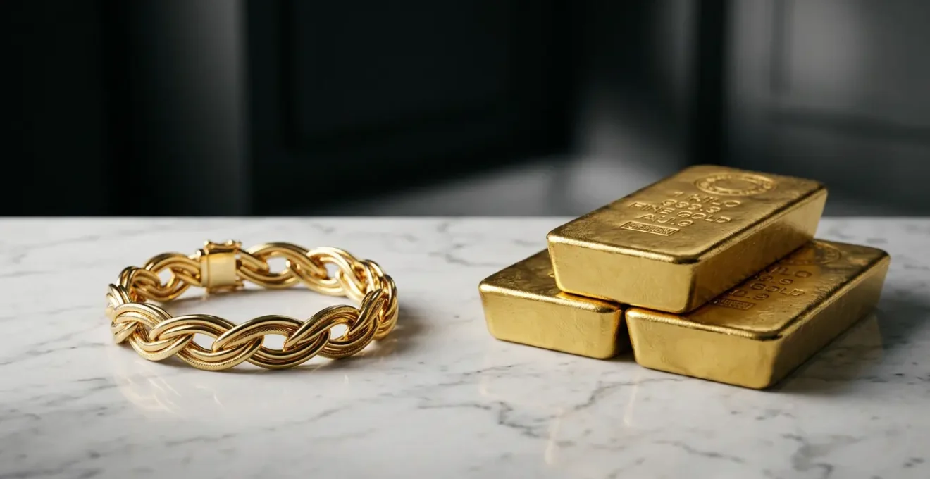 Elegante Komposition zeigt Luxusschmuck und Goldbarren in dramatischer Beleuchtung als Krisenabsicherung