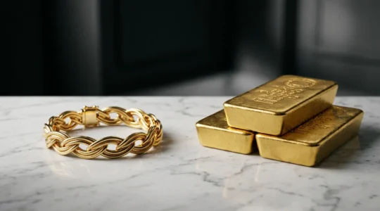 Elegante Komposition zeigt Luxusschmuck und Goldbarren in dramatischer Beleuchtung als Krisenabsicherung