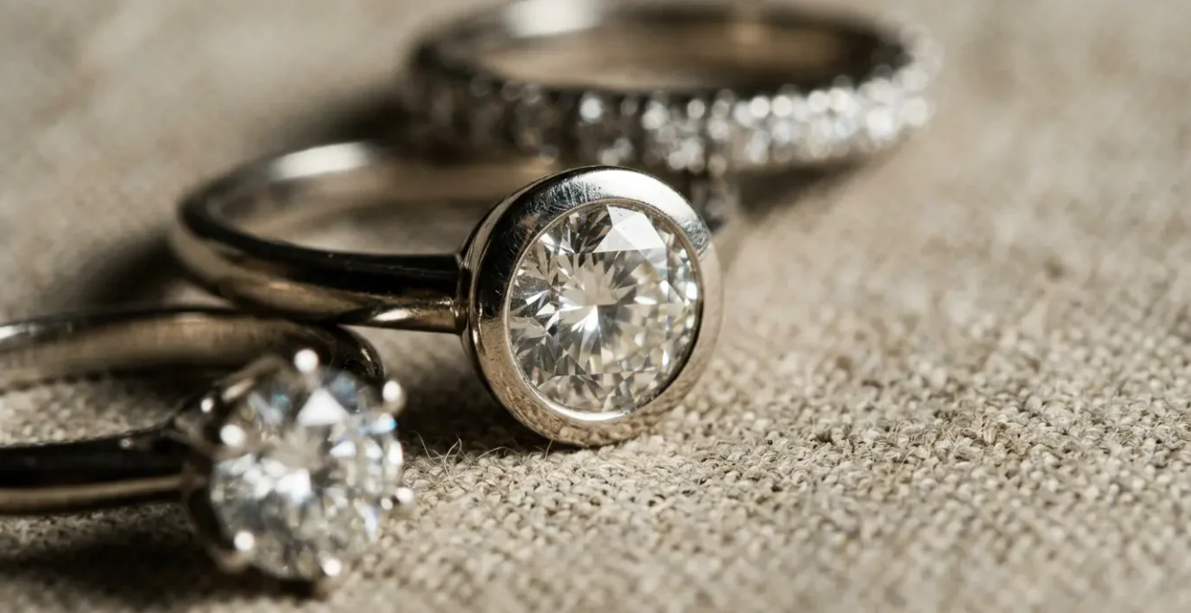 Nahaufnahme verschiedener Diamantfassungen mit Fokus auf Krappenfassung und Zargenfassung