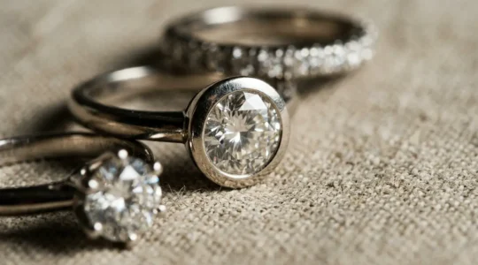 Nahaufnahme verschiedener Diamantfassungen mit Fokus auf Krappenfassung und Zargenfassung