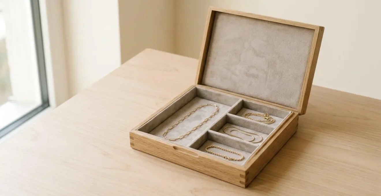 Minimalistischer Schmuckkasten mit einzelnen samtausgekleideten Fächern zeigt organisierte Aufbewahrung feiner Goldketten ohne Verheddern