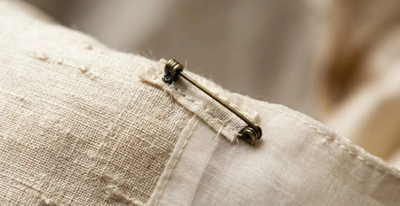 Nahaufnahme der sicheren Befestigungstechnik einer Brosche auf Seidenstoff