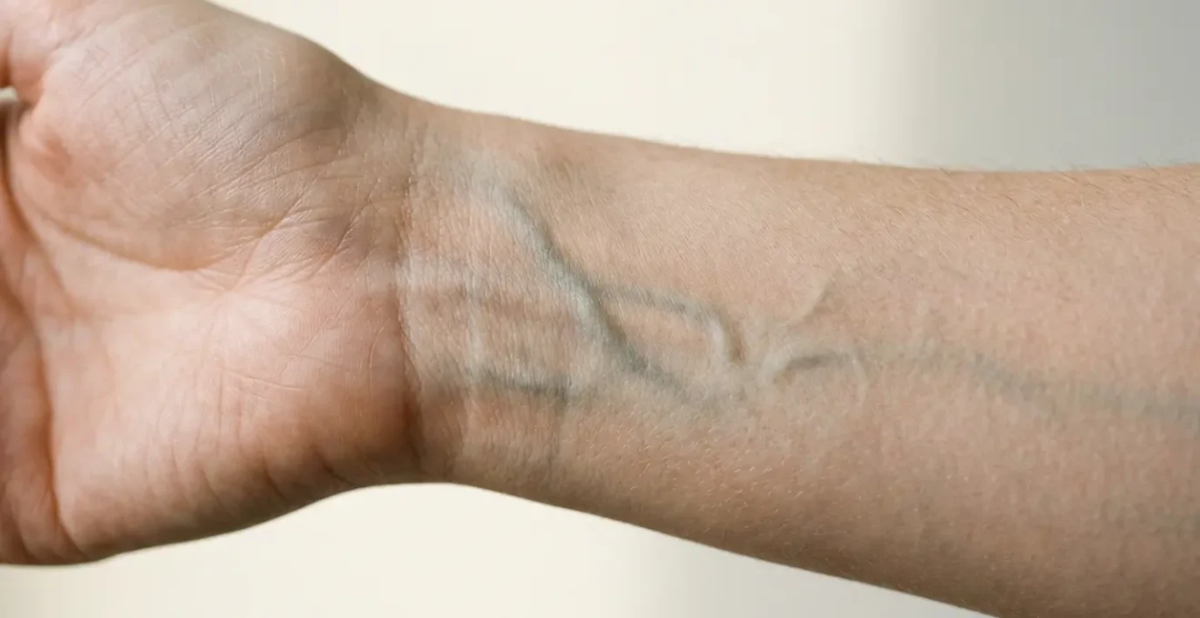 Nahaufnahme eines Handgelenks bei Tageslicht, das den Venentest zur Bestimmung des Hautuntertons zeigt