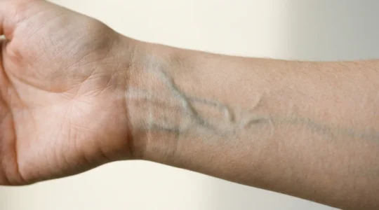 Nahaufnahme eines Handgelenks bei Tageslicht, das den Venentest zur Bestimmung des Hautuntertons zeigt