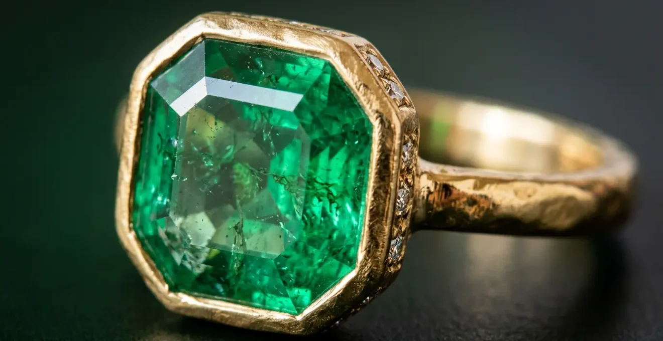 Nahaufnahme eines hochwertigen Smaragdrings mit sichtbaren Einschlüssen und Fassungsdetails