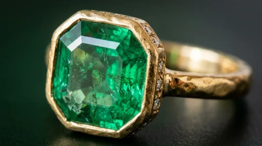 Nahaufnahme eines hochwertigen Smaragdrings mit sichtbaren Einschlüssen und Fassungsdetails