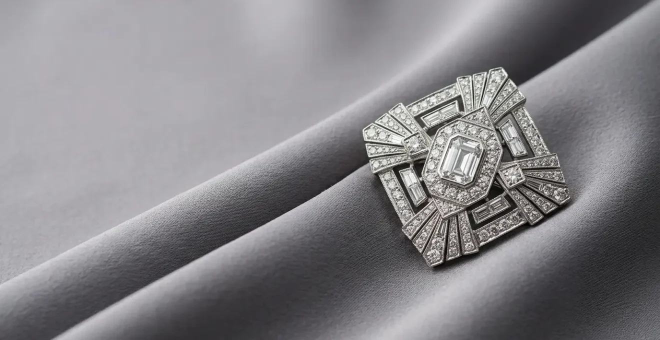 Elegante Statement-Brosche als modernes Kunstwerk auf edlem Stoff präsentiert