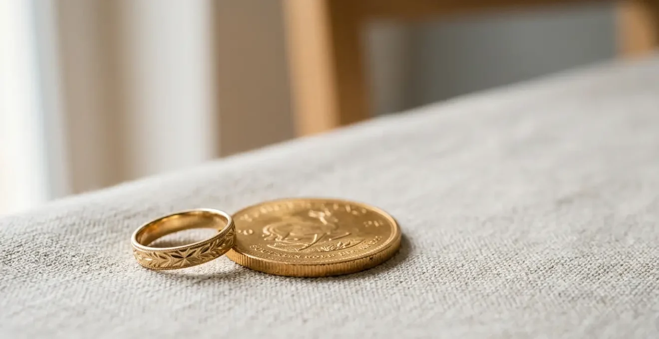 Traditioneller Goldschmuck für Taufgeschenke neben wertvollen Goldmünzen auf elegantem Untergrund