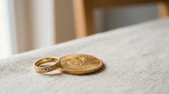 Traditioneller Goldschmuck für Taufgeschenke neben wertvollen Goldmünzen auf elegantem Untergrund