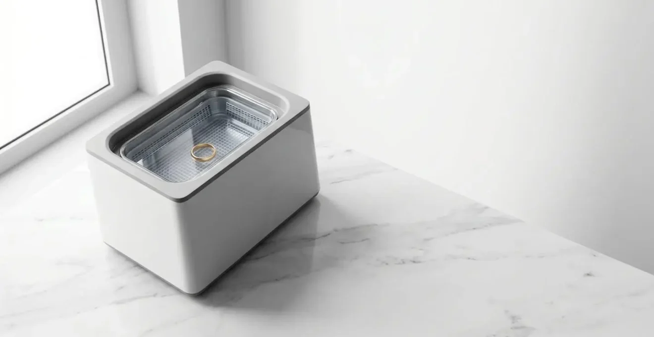 Minimalistisches Ultraschallreinigungsgerät mit klarem Wasser und Schmuckstück in weisser Umgebung
