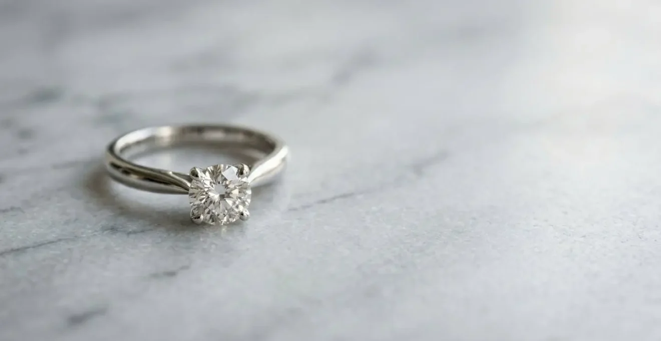 Eleganter Verlobungsring mit Diamant auf minimalistischer Oberflaeche