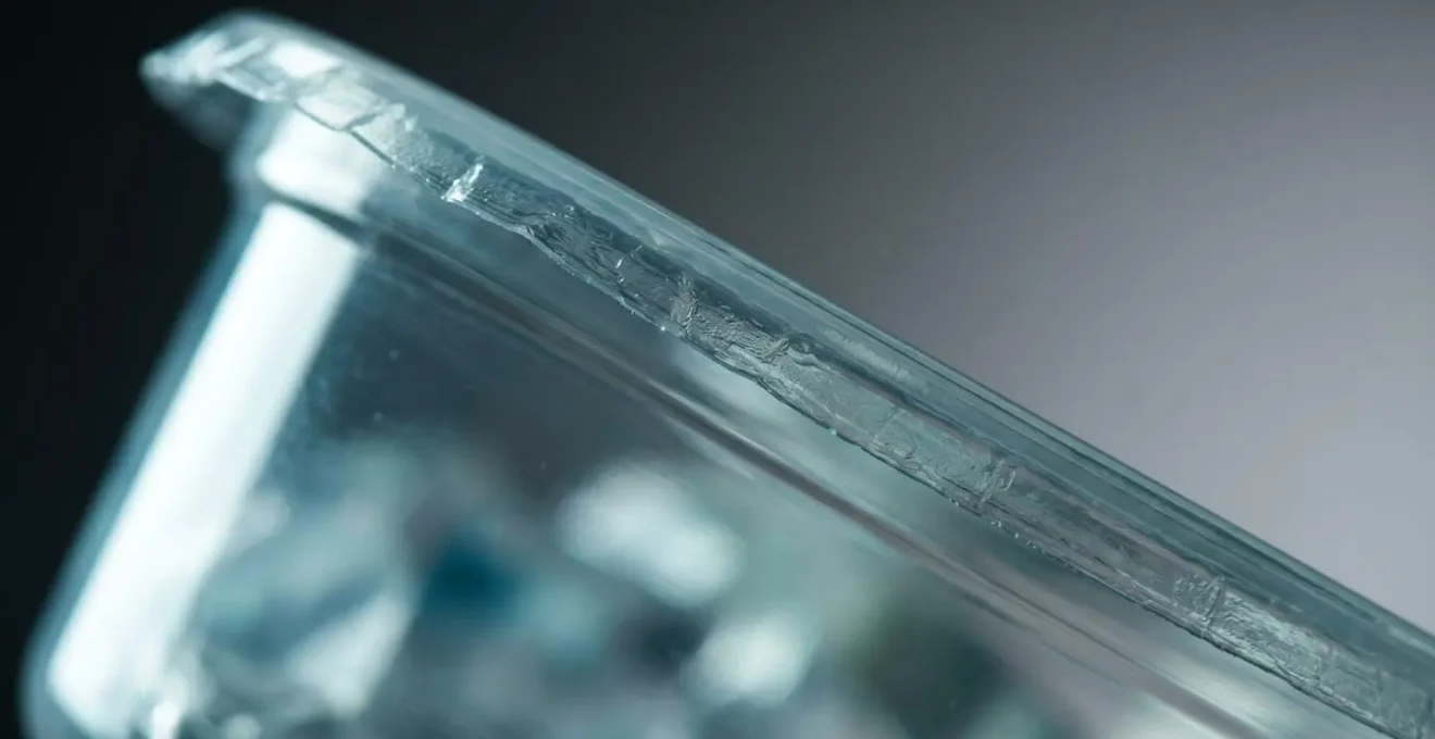 Macro-Aufnahme eines transparenten Versiegelungsblister, symbolisiert die täuschende Sicherheit versiegelter Diamanten