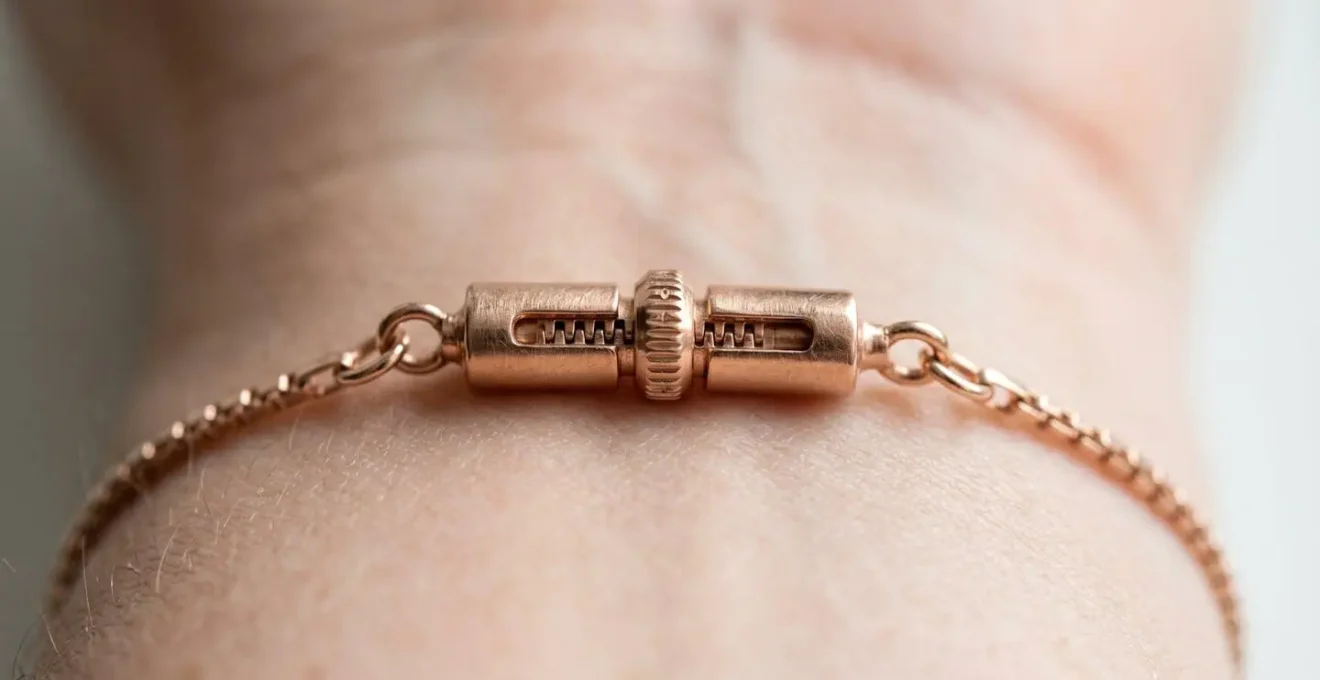 Nahaufnahme eines verstellbaren Verschlussmechanismus an einem Roségold Armband