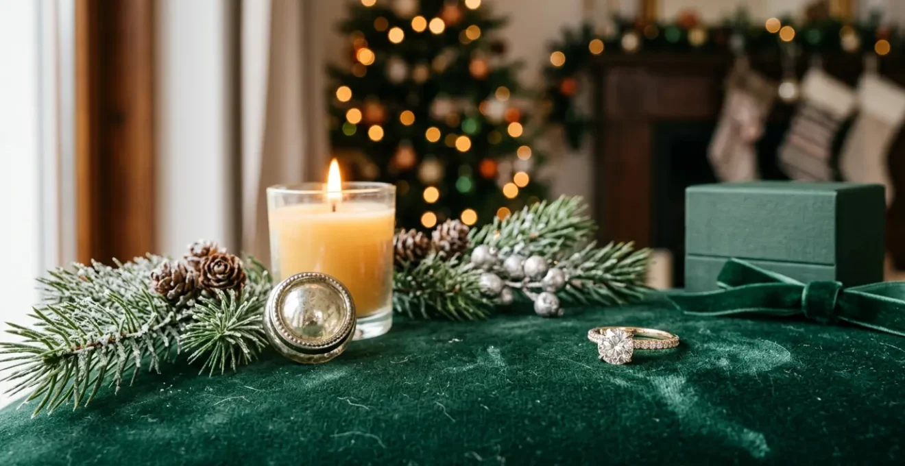 Eleganter Schmuckring in festlicher Weihnachtsverpackung mit natürlichem Licht