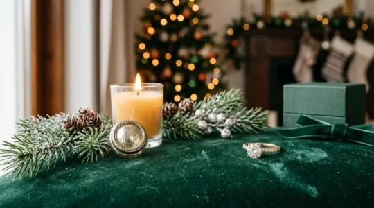Eleganter Schmuckring in festlicher Weihnachtsverpackung mit natürlichem Licht