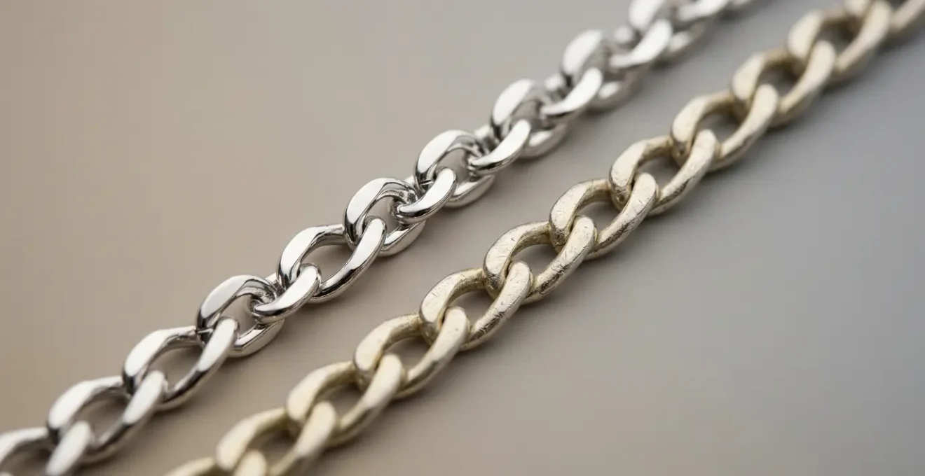 Weißgoldkette mit Rhodinierung im Detailvergleich zeigt den Unterschied zwischen frisch beschichtetem und abgenutztem Schmuckstück