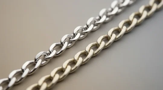 Weißgoldkette mit Rhodinierung im Detailvergleich zeigt den Unterschied zwischen frisch beschichtetem und abgenutztem Schmuckstück