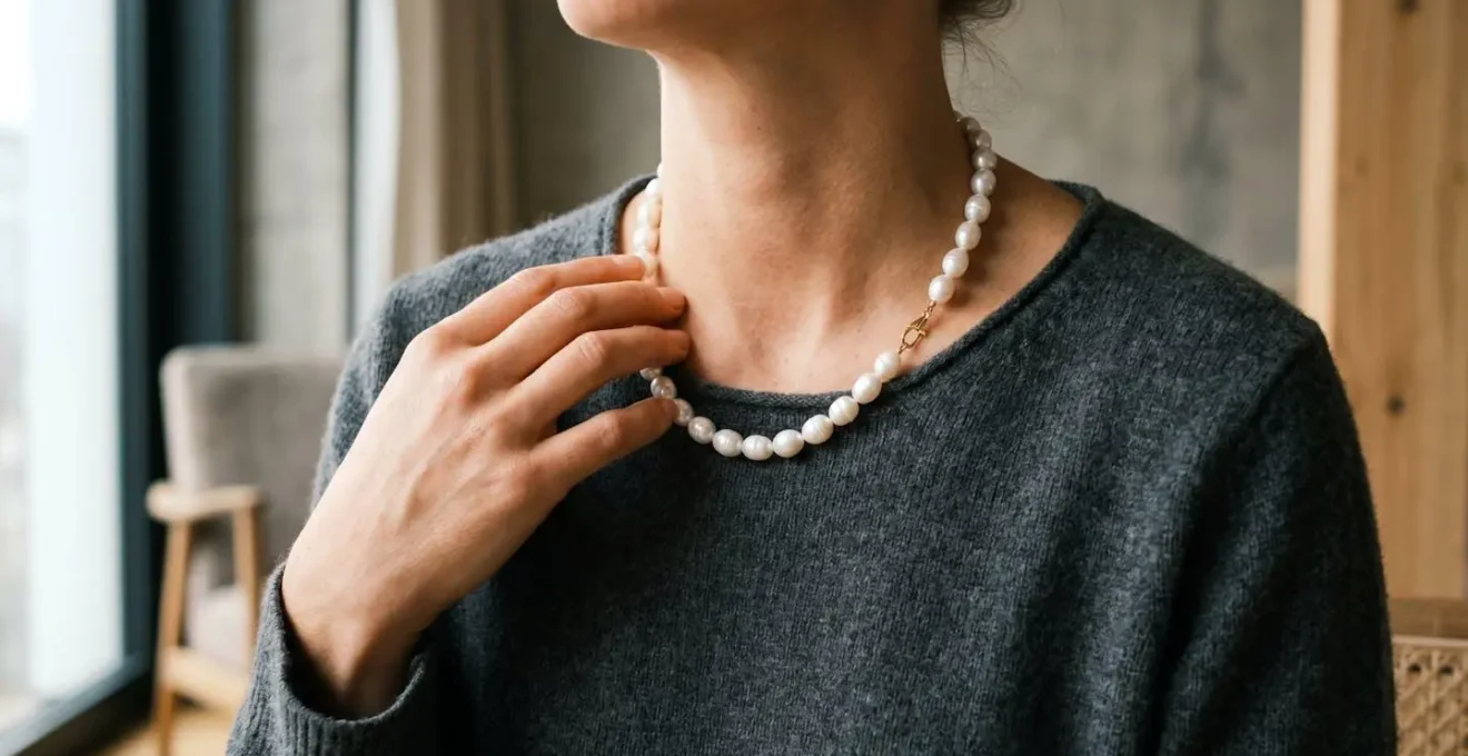 Perlenkette im minimalistischen Setting symbolisiert den Wandel traditioneller Geschlechternormen in der deutschen Schmuckmode
