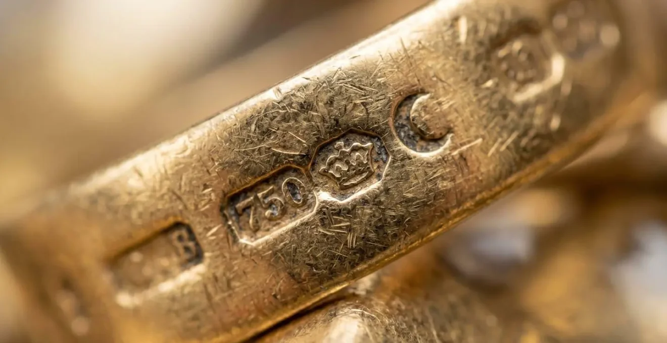 Nahaufnahme von Goldpunzen und Stempeln auf antikem Schmuck unter Lupe