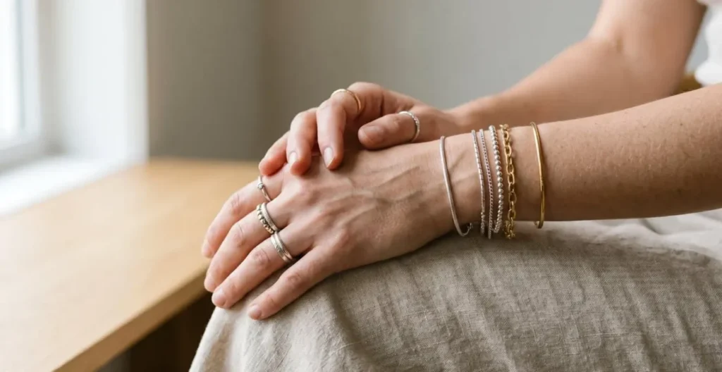 Elegante Komposition von silbernen und goldenen Schmuckstücken, die harmonisch kombiniert werden